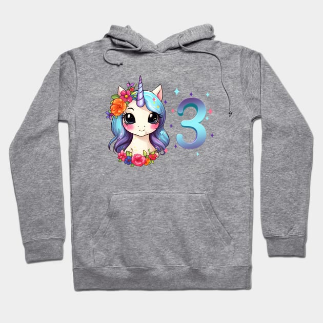 I am 3 with unicorn - girl birthday 3 years old Hoodie by Modern Medieval Design